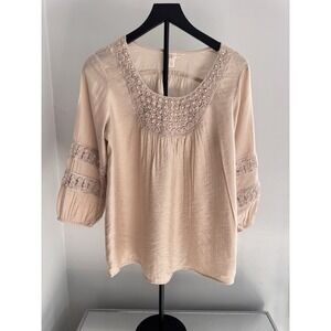 Krazy Kat Embellished Boho Blouse Women's S Beige Lace Crochet Pearls Peasant